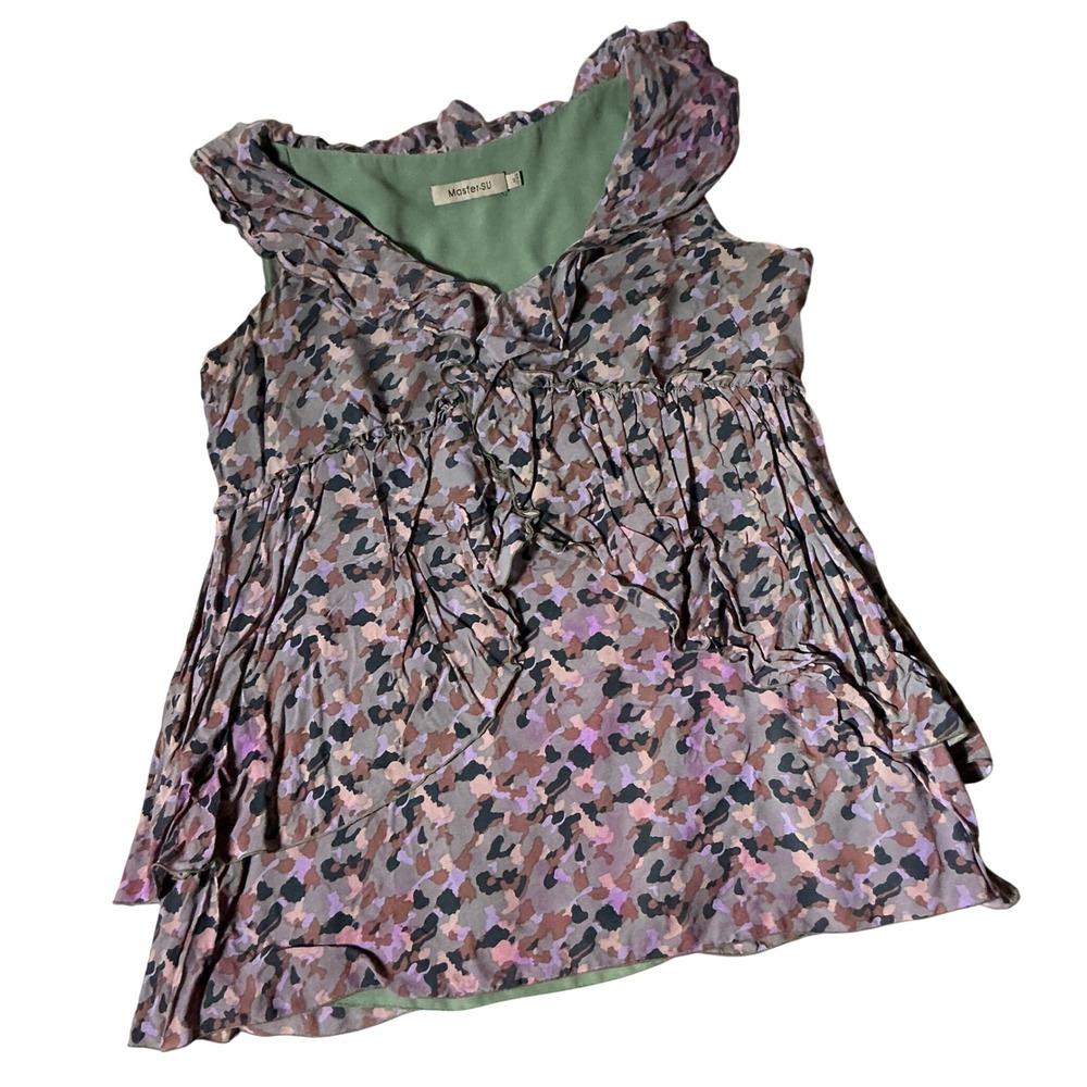 Master.SU Abstract Leopard Print Ruffle Top Womens 42 Multicolor Boho Babydoll